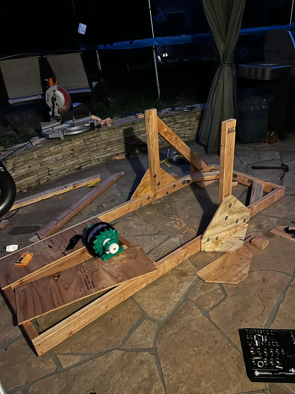 The frame going together, with plywood bracing