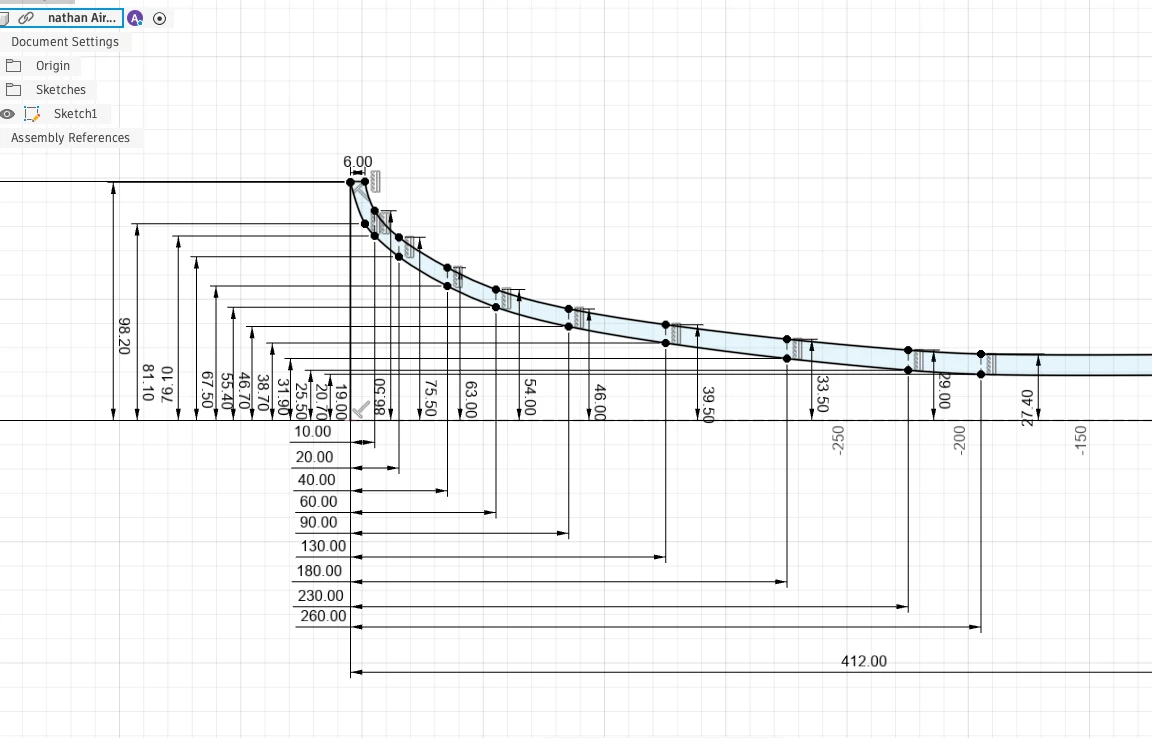 The 1L bell’s flare profile, sketched and dimensioned in Fusion