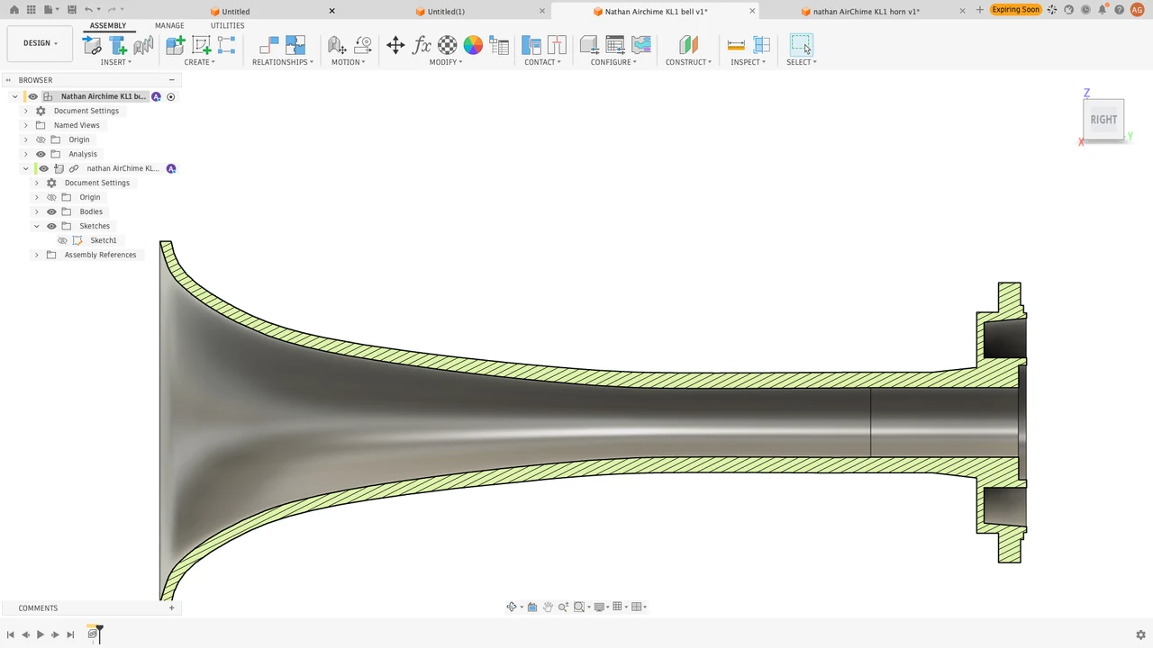 The bell modeled in Fusion, shown in section