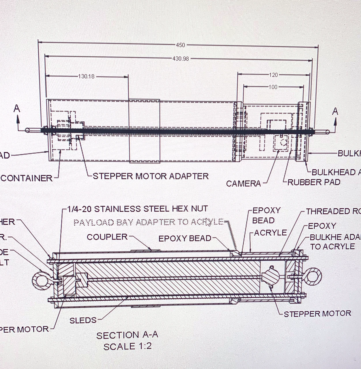 Payload bay drawing: the camera, stepper motors and sleds, dimensioned in millimeters