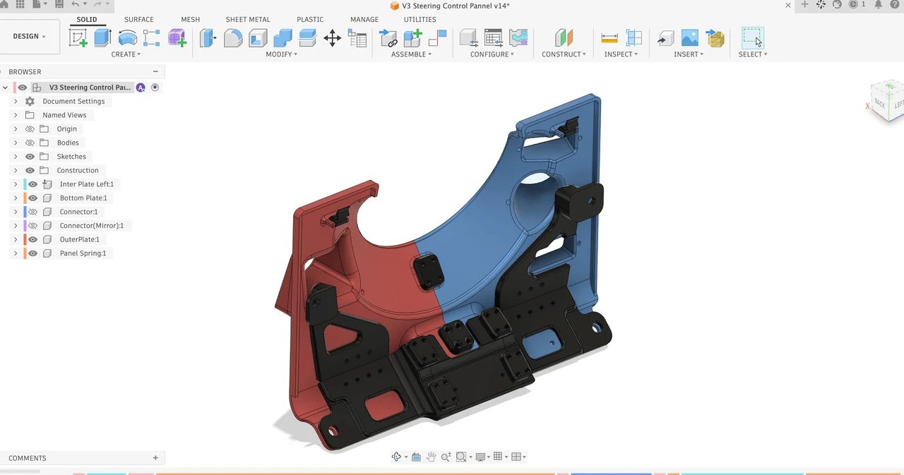 The back of the model: printed connectors and plates join the two panels