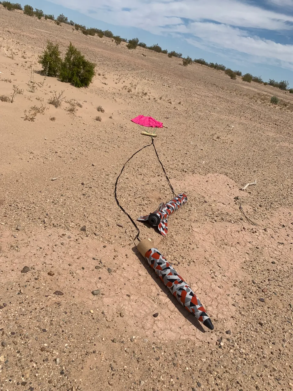 Back on the ground after its flight, with its parachute