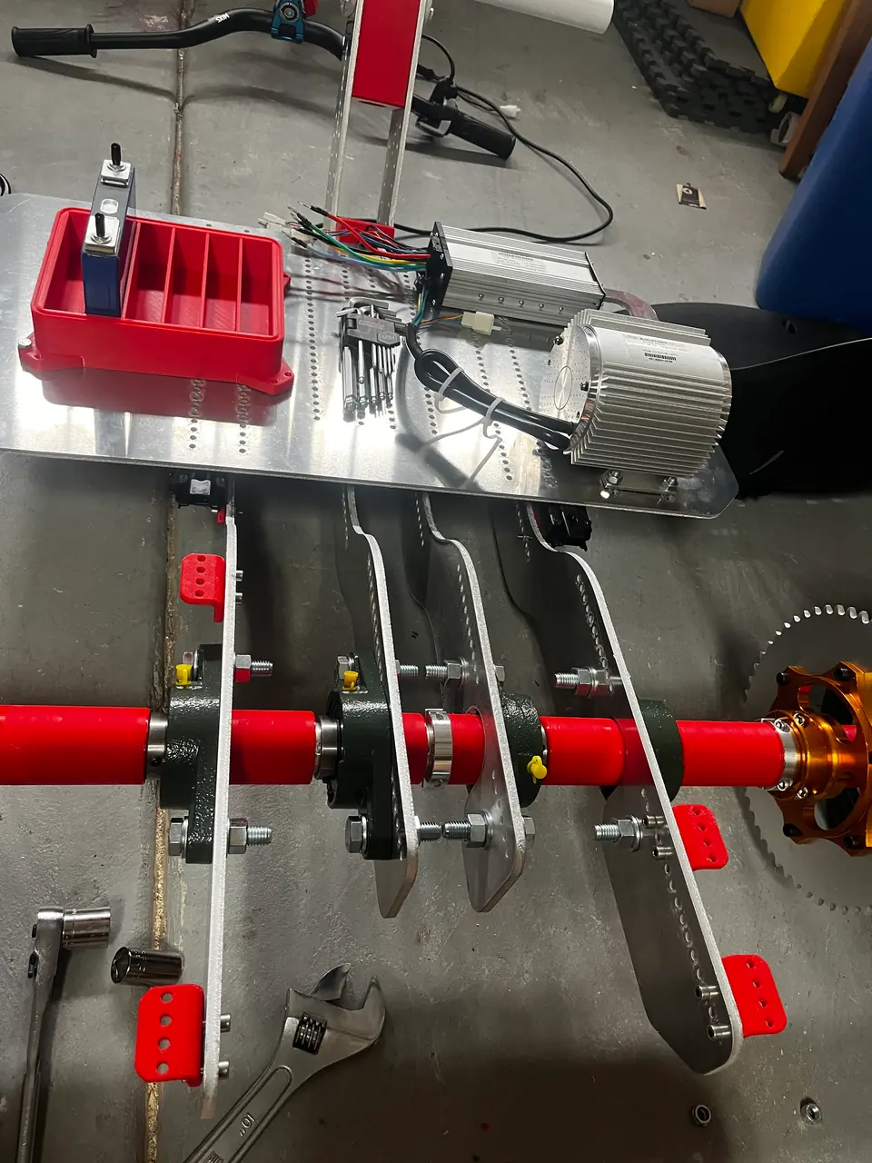 Laser-cut parts and the rear axle during assembly